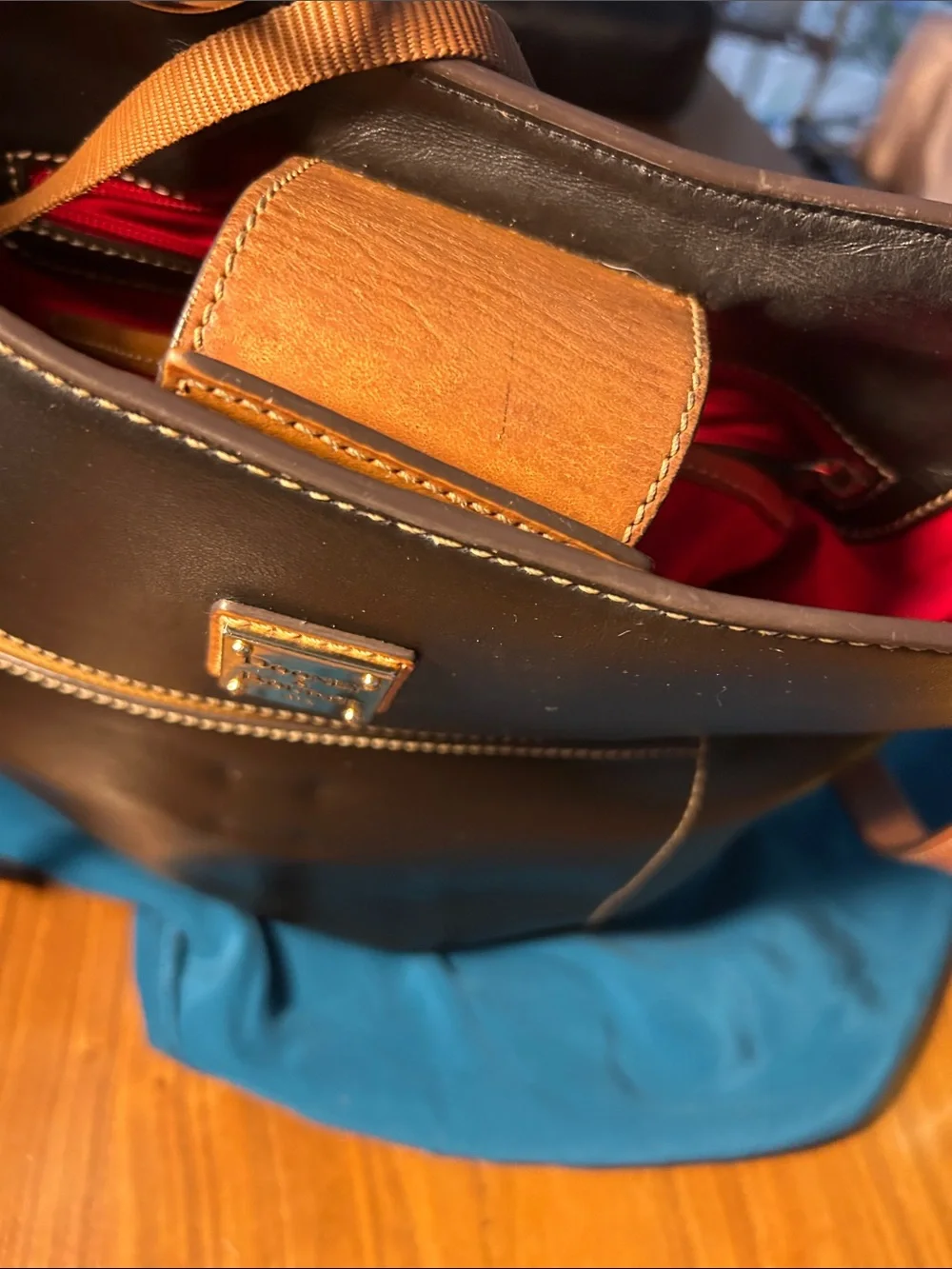 Dooney & Bourke Black Leather Shoulder Bag with Brown Trim